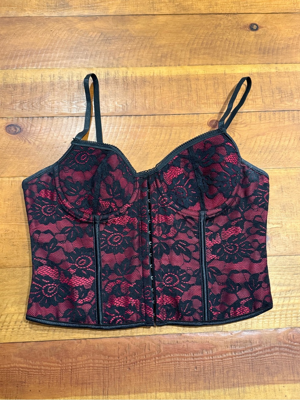SHEIN Red Bustier Crop Top with Black Lace Overlay